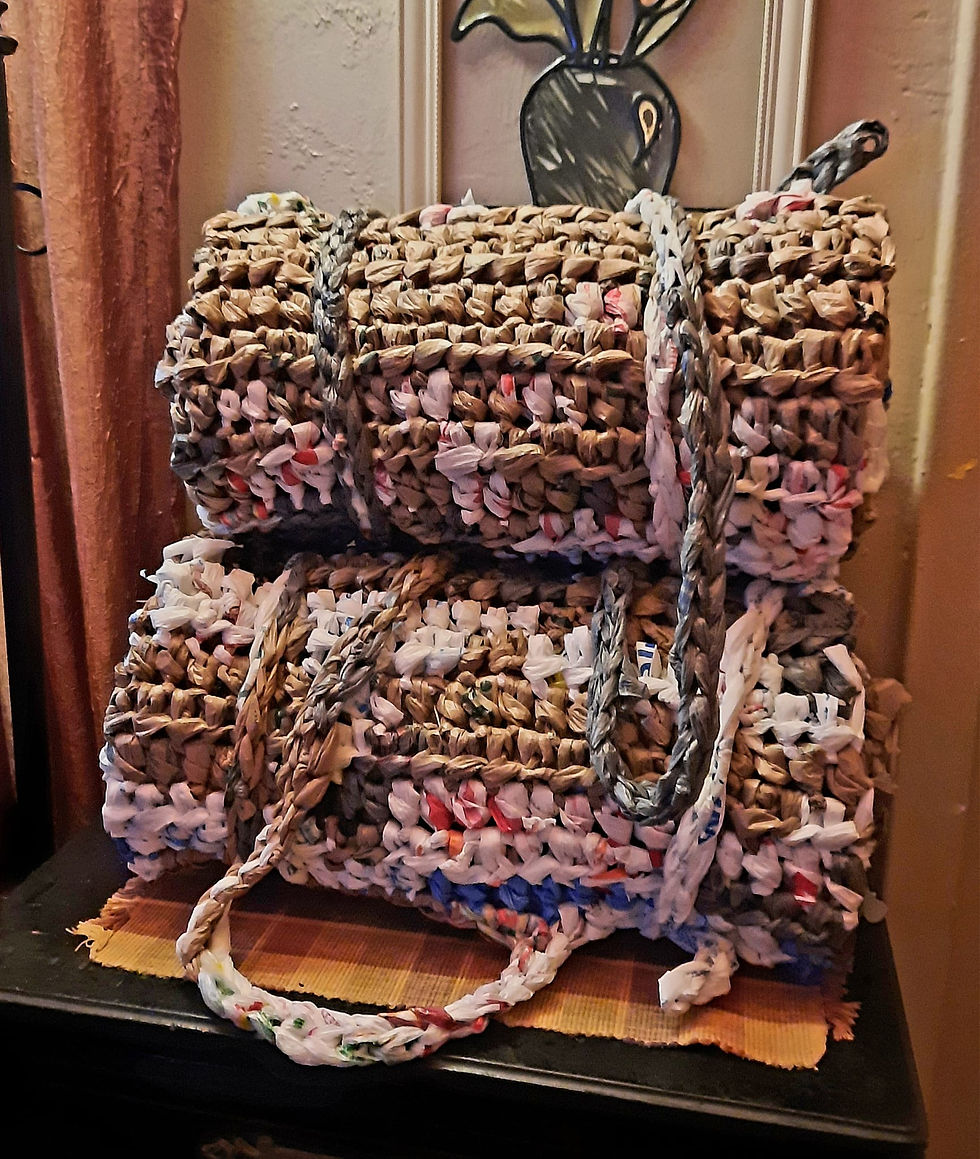 Close-up view of hands crocheting plastic bag yarn into a sleeping mat