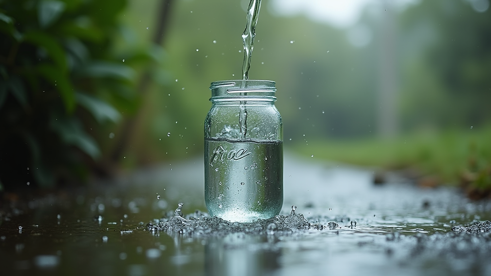 Eye-level view of a glass jar collecting rain water outdoors