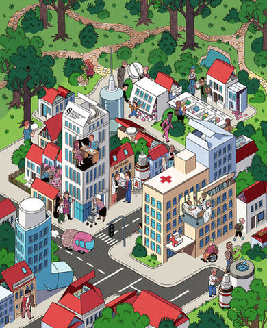 Isometrische Illustration einer Stadtansicht. Die Gebäude sind Medikamente, offen stehende Schachteln wirken wie Dächer. Autos in Tablettenform fahren herum. Durch Einschnitte an den Gebäuden sieht man die Szenen in deren Inneren.
Uli Oesterle, Der-Ulistrator, Illustration München
