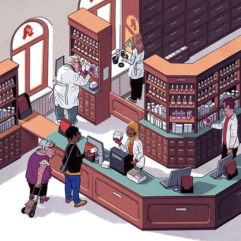 Isometrische Illustration einer alten Apotheke mit viel Holz. Verschiedene Apotheker bedienen Kunden. Licht fällt durch zwei Fenster in den Raum.