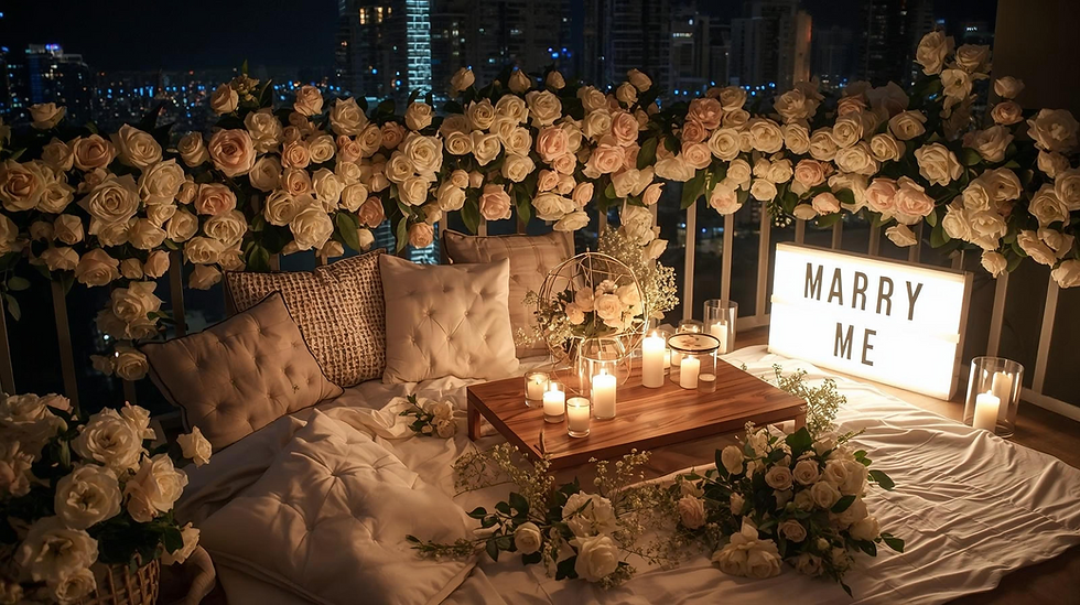 Romantic balcony proposal setup with white roses, candles, and a Marry Me sign overlooking the city