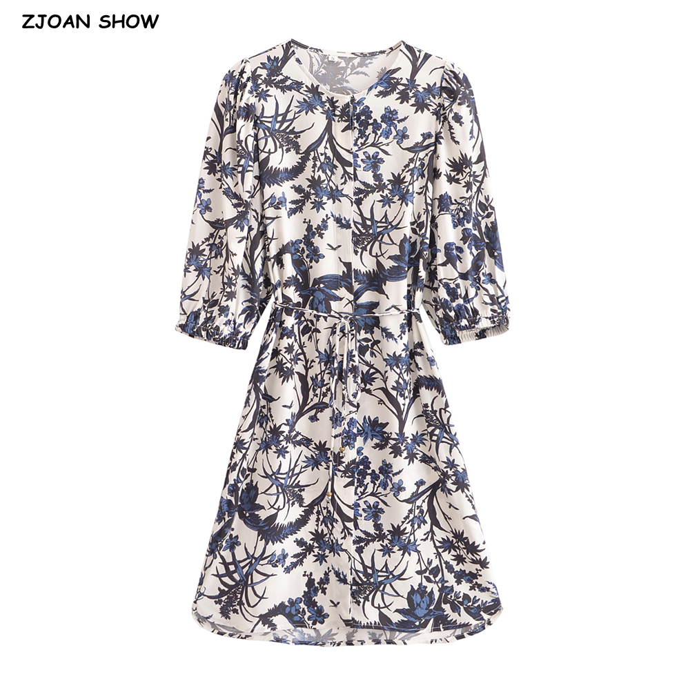 2025 BOHO White Navy Floral print 3/4 Sleeve Short Dress Holiday Woman Bow Lacin