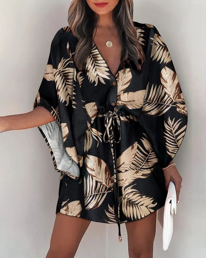Miniatura: Boho Mini Dress Sexy Floral Print Shirt Dress V-neck Casual Loose Beach Party Dr