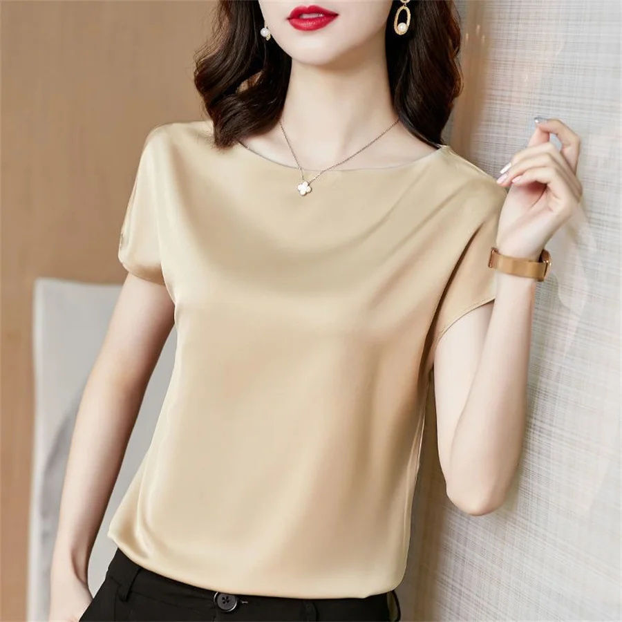 Miniatura: Women Summer Blouse Tops Short Sleeve O-Neck Blouses Satin Blouse Women Shirts S