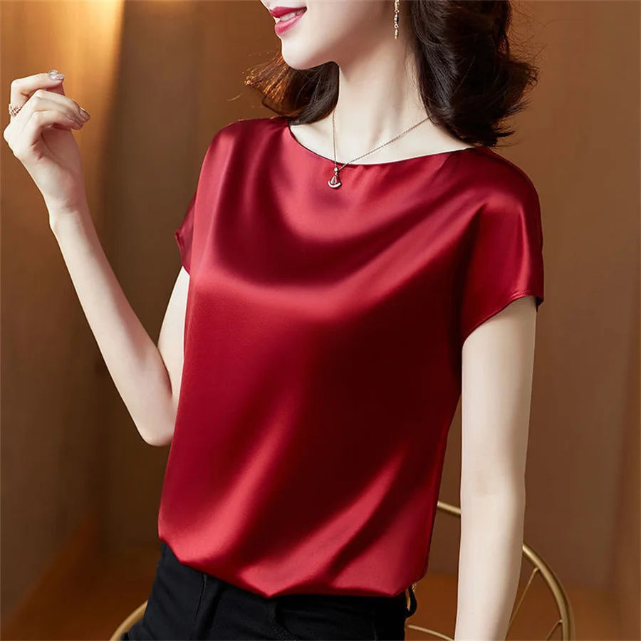 Miniatura: Women Summer Blouse Tops Short Sleeve O-Neck Blouses Satin Blouse Women Shirts S
