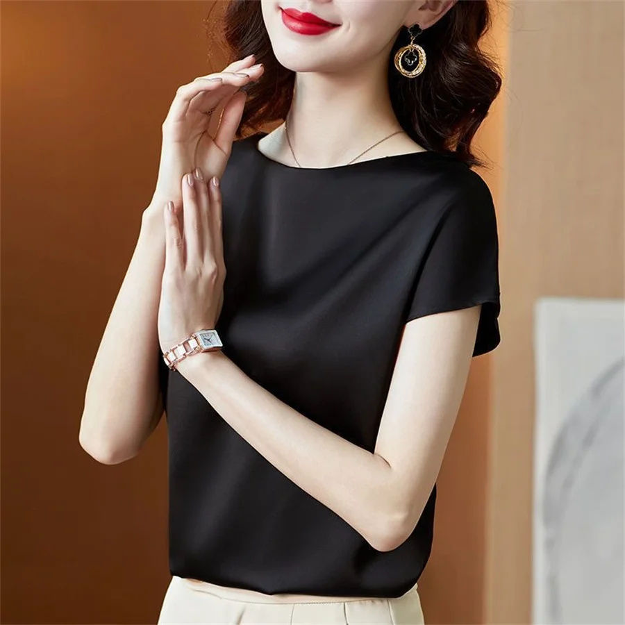 Miniatura: Women Summer Blouse Tops Short Sleeve O-Neck Blouses Satin Blouse Women Shirts S