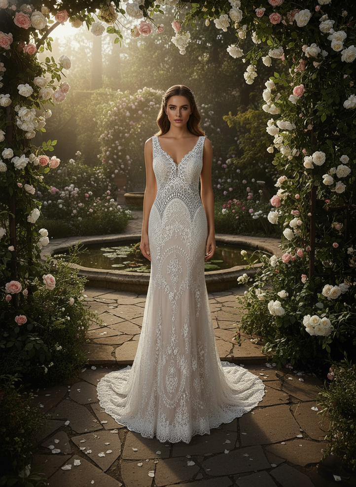 Elegant bride in white gown posing in a beautiful garden, Couture Bridal Gowns.