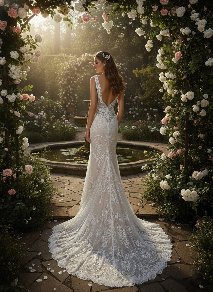Bride in garden, wearing a beautiful white Couture Bridal Gown, standing near pond.