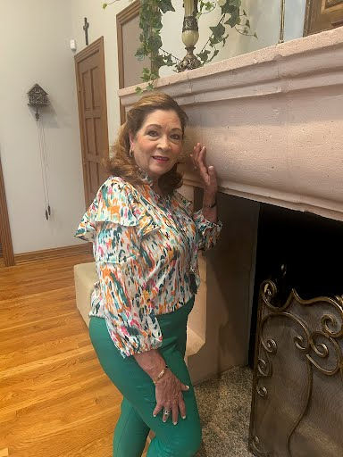 Thumbnail: Green and Gold Abstract Ruffle Blouse