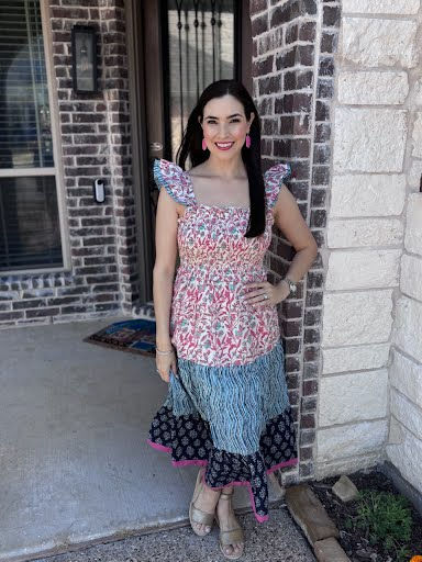 Thumbnail: Smocked Floral Color Blocked Midi Dress