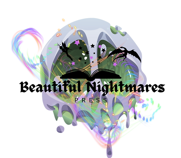 Skull with book that has fairy, dragon and stars coming out of it with the words Beautiful Nightmares Press