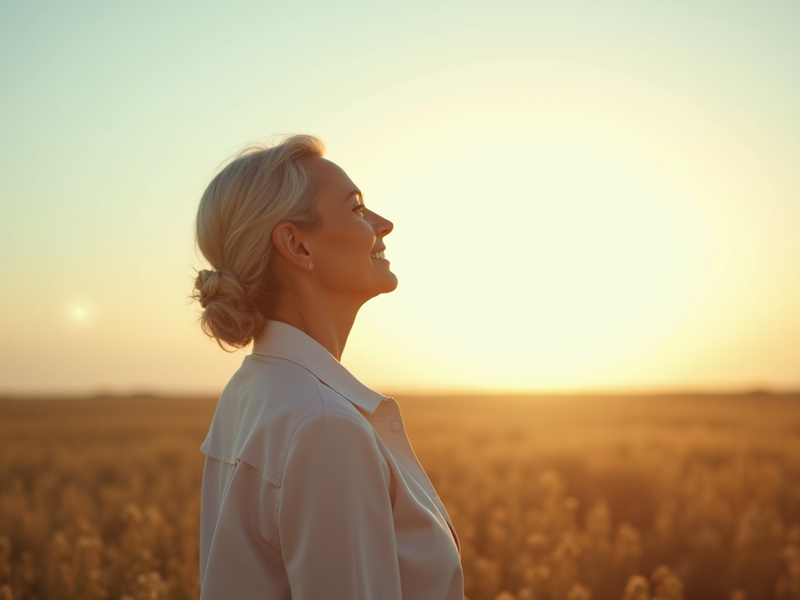Woman standing in a field facing towards the sun