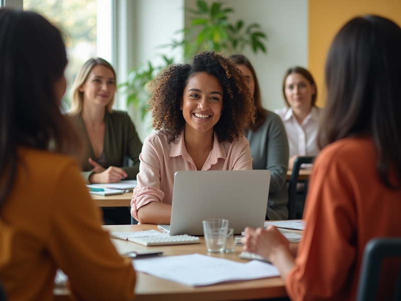 Group of women in a room, the predominant figure is a woman with darly curly hair wearing a pink shirt with a laptop in front of her