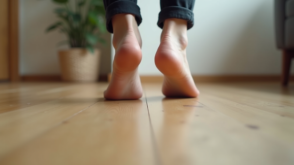 Close-up view of feet performing a heel-to-toe walking exercise on a wooden floor