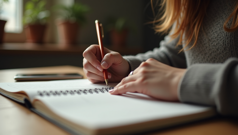 Woman sitting at a desk writing in a journal