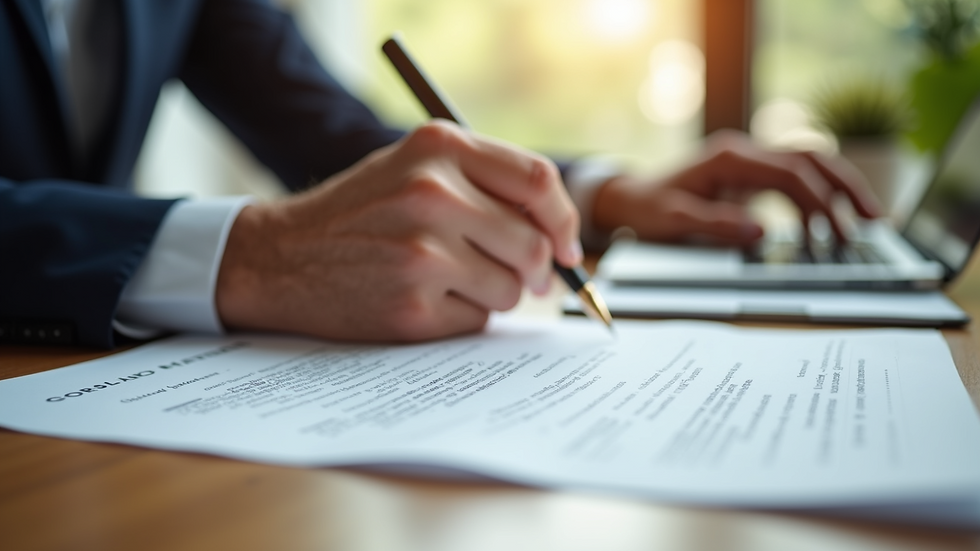 Close-up view of a real estate contract being signed on a wooden table