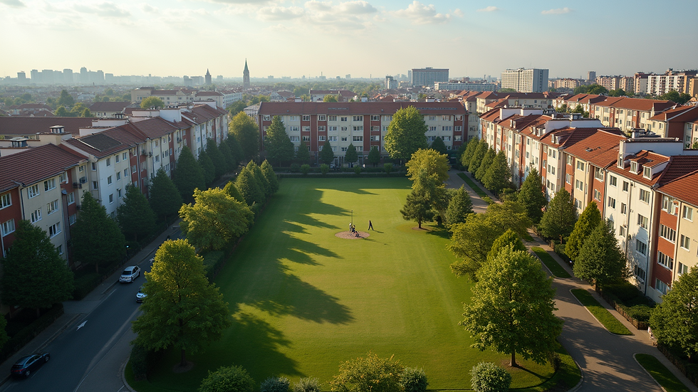 High angle view of a community park surrounded by diverse residential buildings