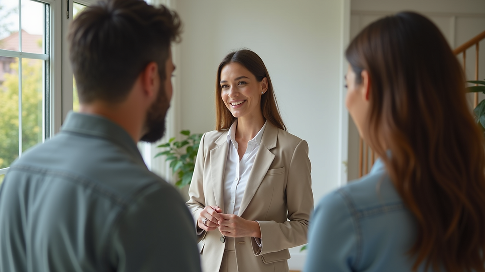 Eye-level view of a real estate agent showing a house to a client