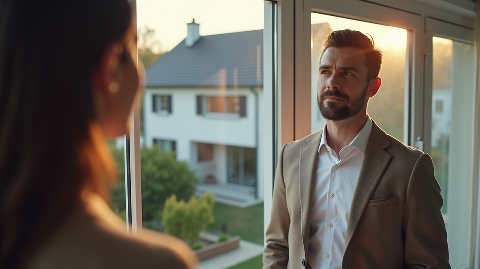 High angle view of a real estate agent showing a house to a potential buyer