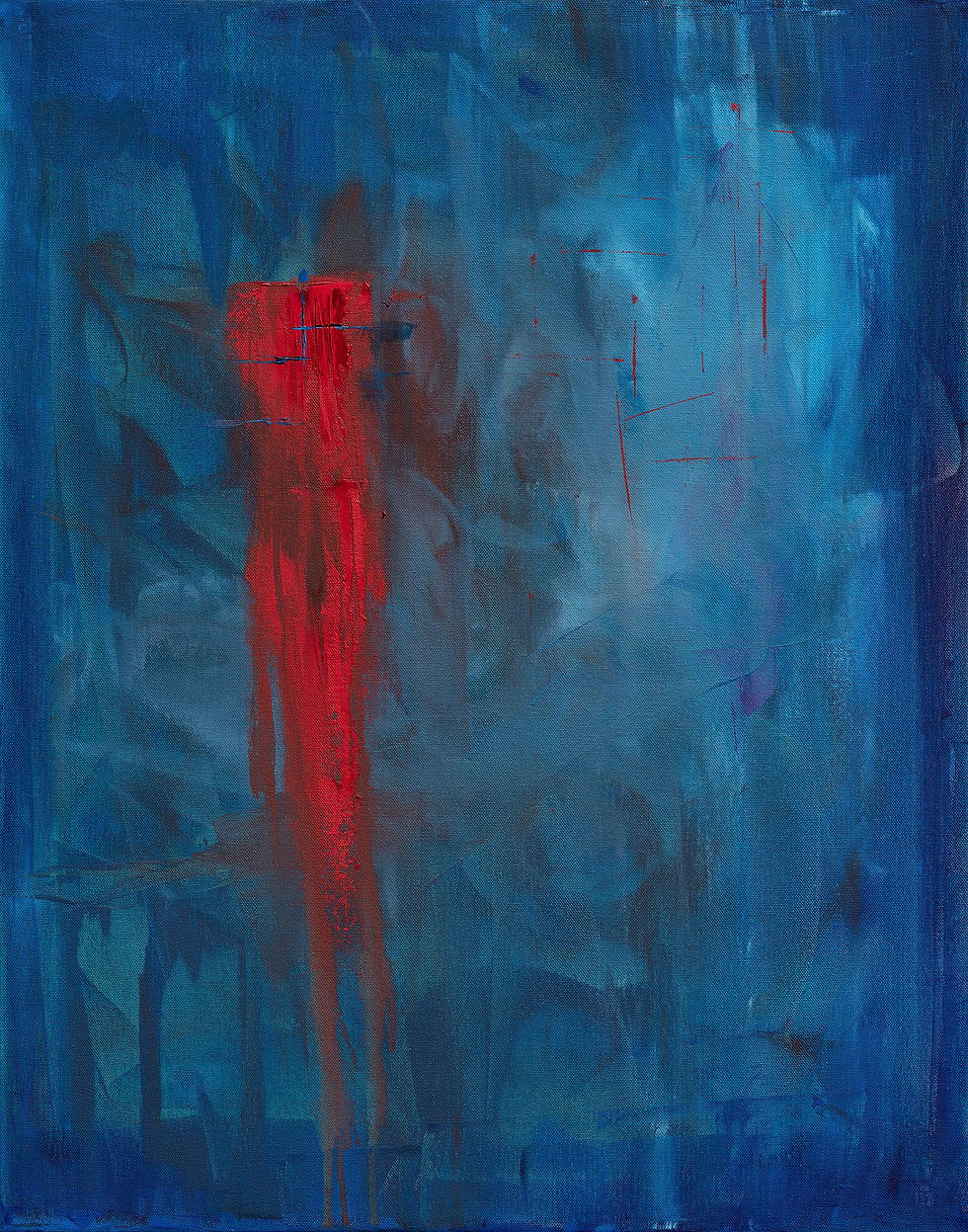 Abstract painting in shades of dark blue with a slash of red paint just left of center