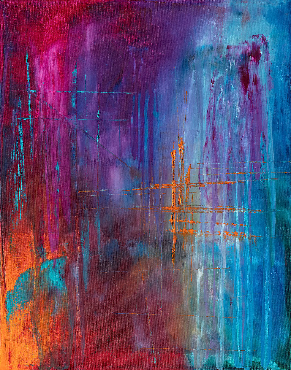 Abstract painting in shades of blue, purple, fuchsia, and red, with gashes of orange just left of center