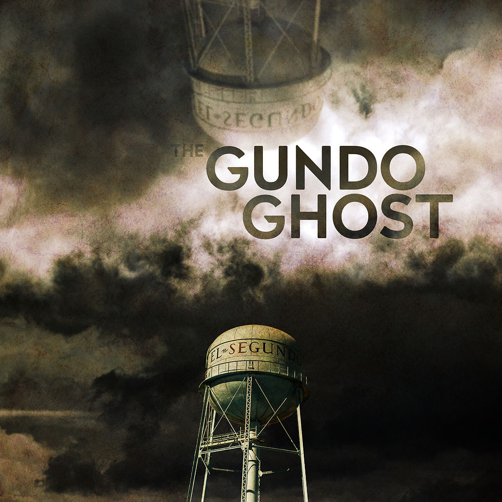 A spooky, dark image of the El Segundo water tower with The Gundo Ghost superimposed over it.
