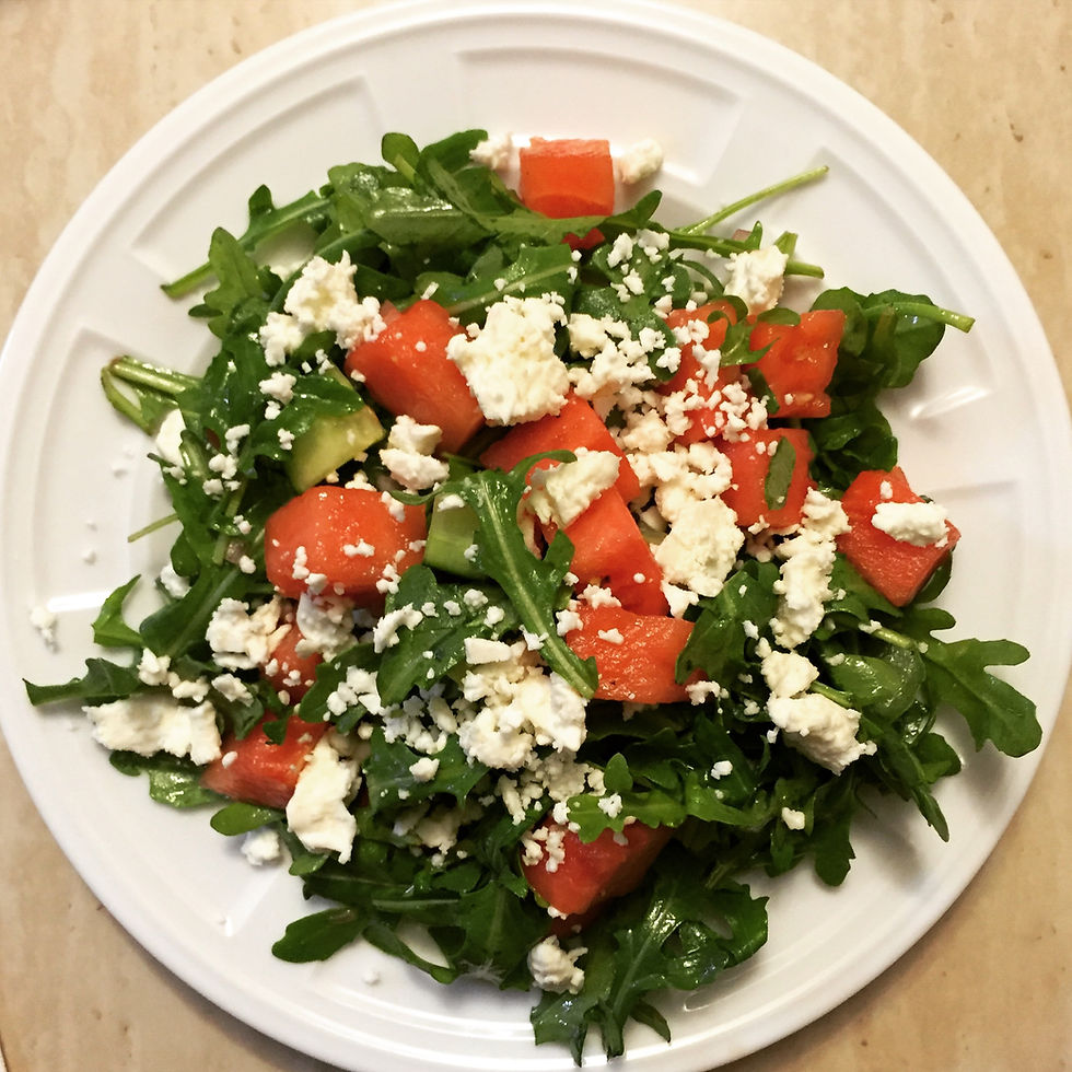 Arugula, cucumber, watermelon, and feta salad