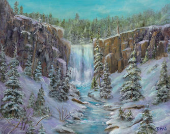 The beauty of the frozen area is painted in pale winter blue and lavender colors.