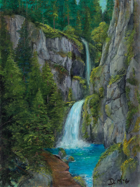 Wahkeena Falls tribute painted in the greens that surrounded the falls before the wildfire of 2016. The area is regrowing, but without many of the evergreens.