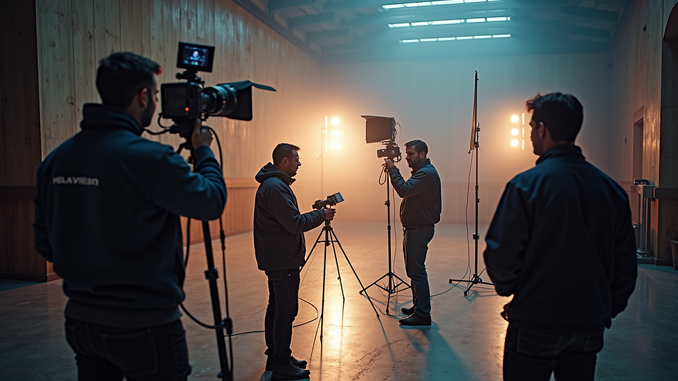 High angle view of a video production crew setting up lighting equipment on location