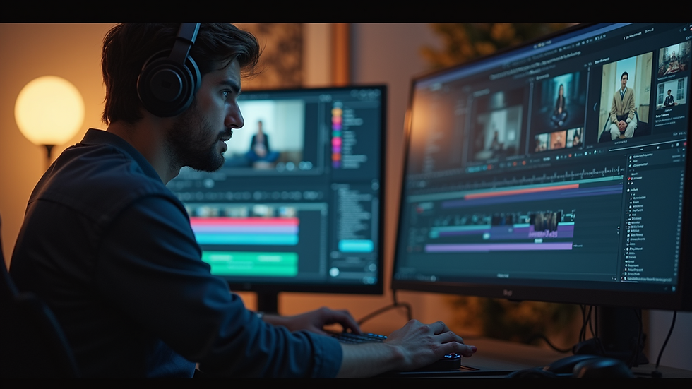 Close-up view of a video editor working on a computer with editing software