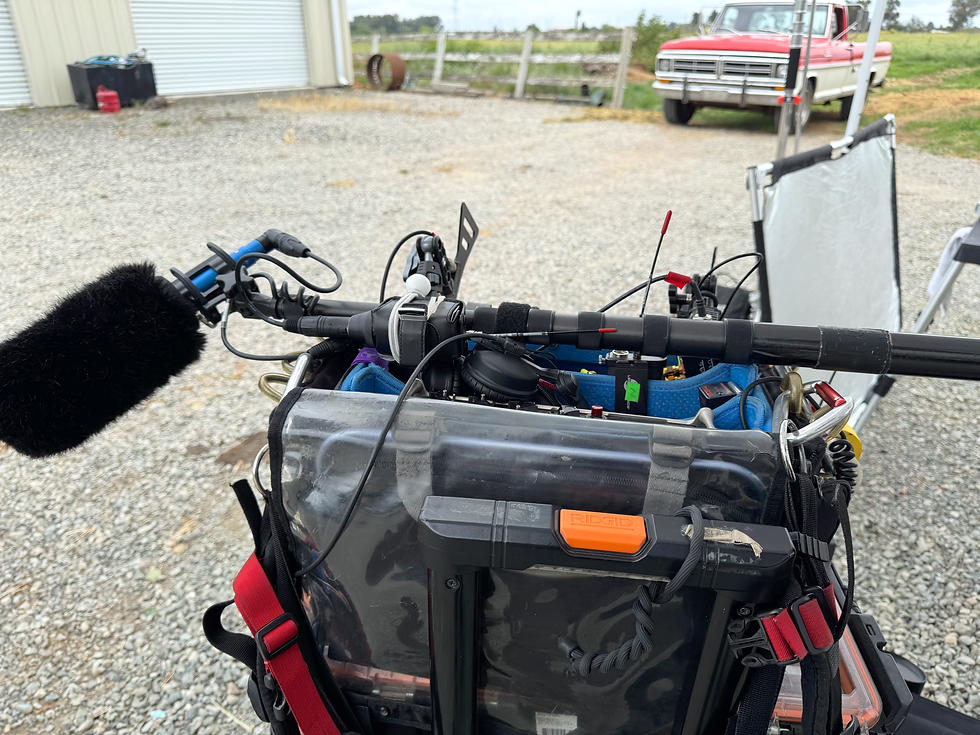 eye level angle view of a sound mixer's bag on a film set in Sacramento Ca