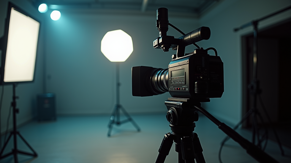 Eye-level view of a professional video camera on a tripod in a studio