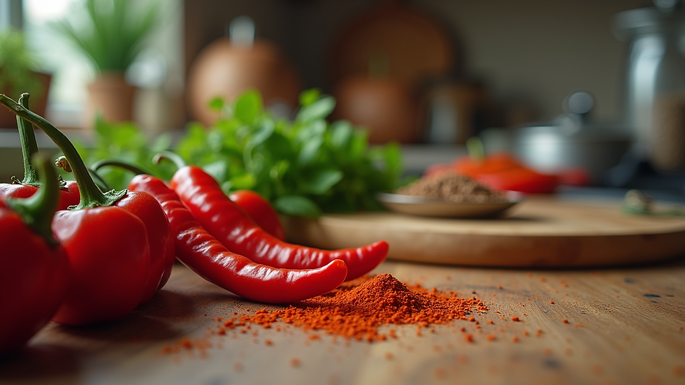 Eye-level view of a kitchen counter with fresh chili peppers and spices