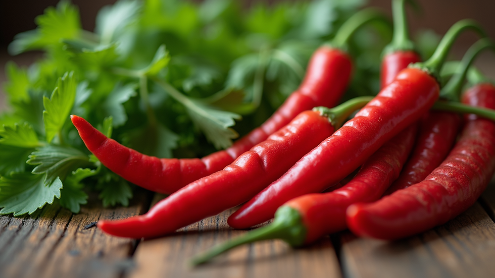 Eye-level view of fresh chili peppers and herbs on a wooden table