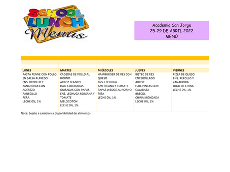 Menú Comedor Escolar (25-29 de abril)