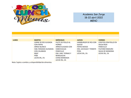Menú comedor escolar (19-22 abril)