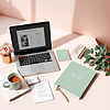 Photorealistic luxury creative workspace with soft blush pink and sage green tones, elegan