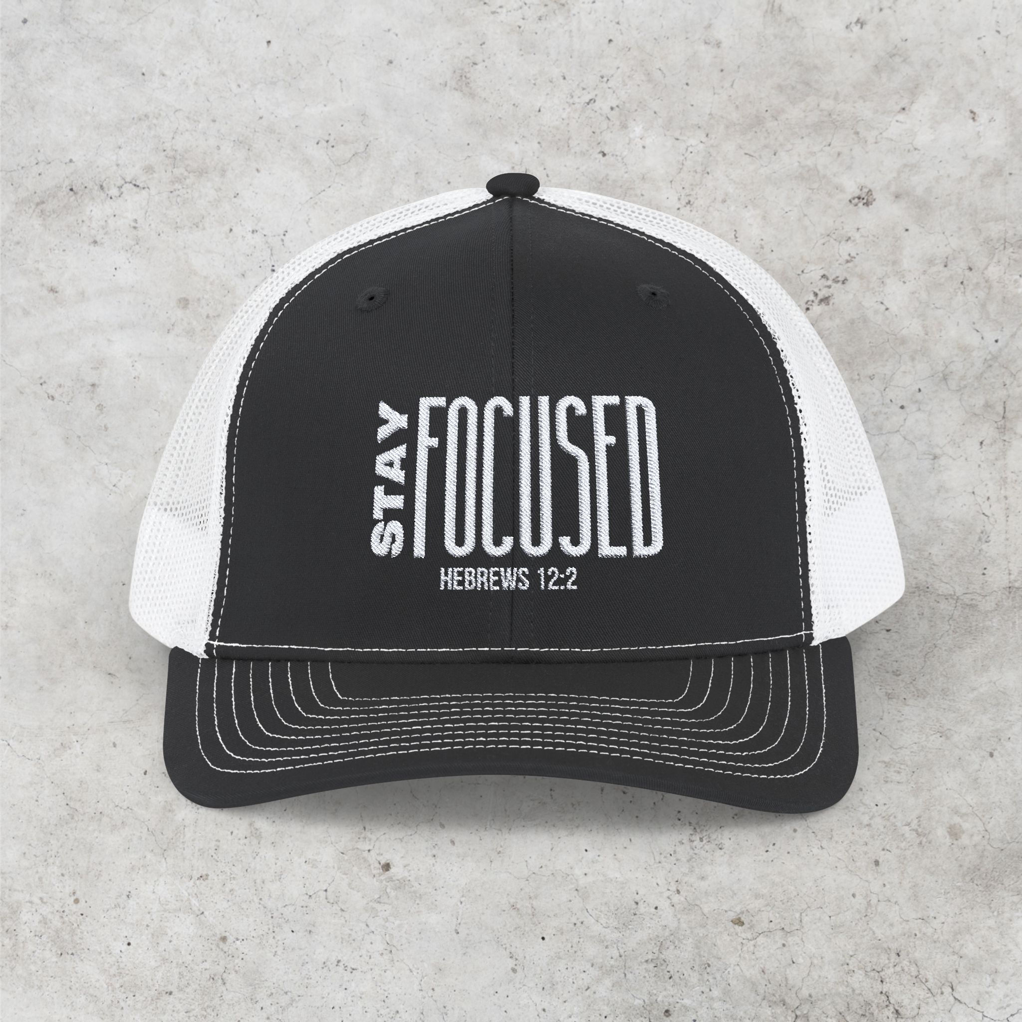 Black & White 'Stay Focused' Christian Faith-based Snapback Trucker Embroidered Cap
