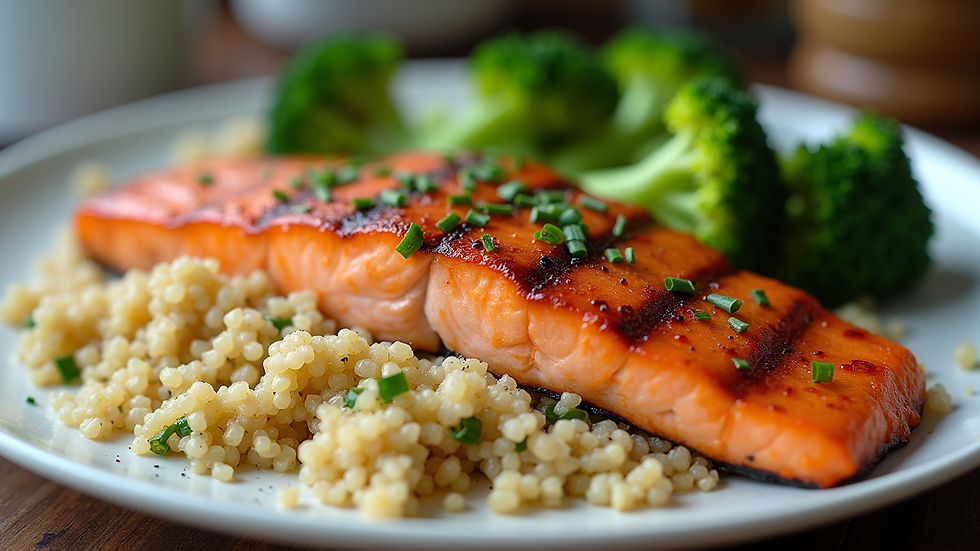 Close-up view of a plate with grilled salmon, quinoa, and steamed broccoli