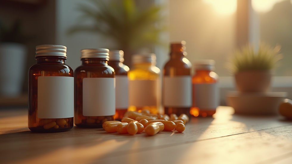 Close-up view of various supplement bottles on a wooden table