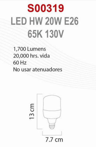 Miniatura: LED HW-20W 6500K E26 130V DCLITE – Ilumina tus espacios con una luz clara y potente con el LED HW-20W de DCLITE.