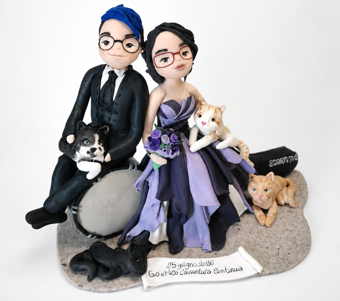 Cake topper personalizzati matrimonio con sposi gatti e strumenti musicali