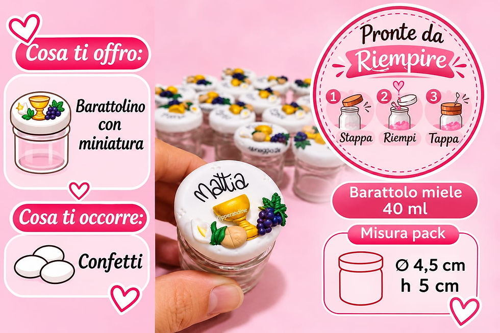 Barattolino in vetro da 40 ml con tappo a vite decorato con miniatura personalizzata per Cresima.