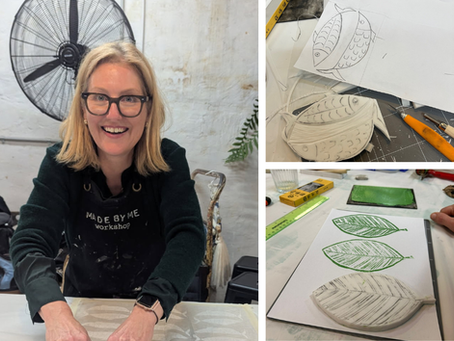 Author creating block print teatowels with leaves, fish and summer fruits.