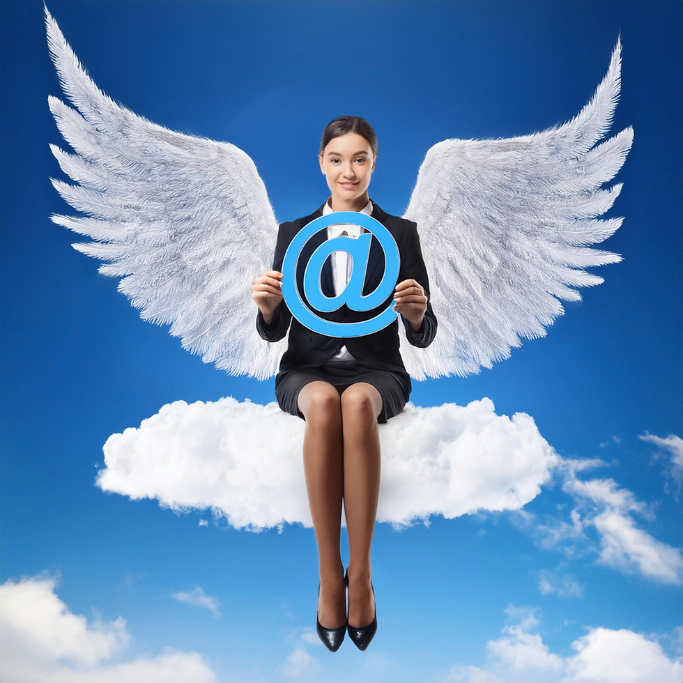 Angel sentada en una nube sosteniendo un símbolo de arroba