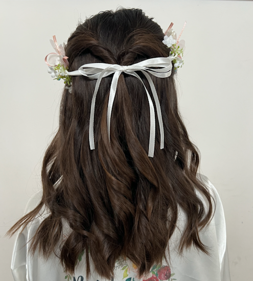 Flower girl hair styling; includes accessories.