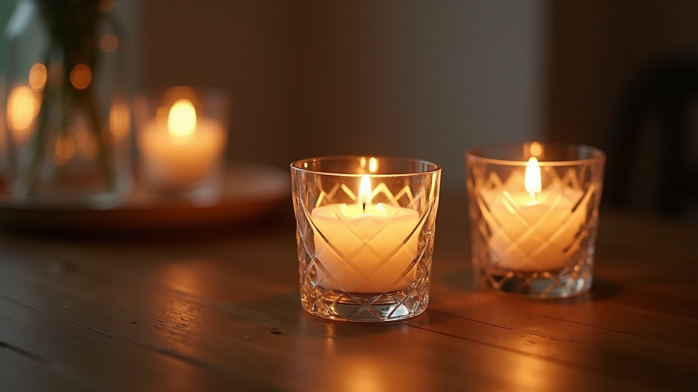 Close-up view of a softly glowing candle beside a crystal on a wooden table