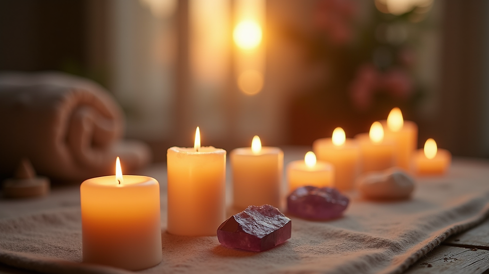 Eye-level view of a serene Reiki healing space with candles and crystals