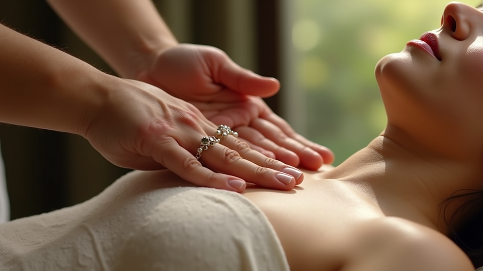 Close-up view of a person receiving Reiki healing with hands hovering above their body